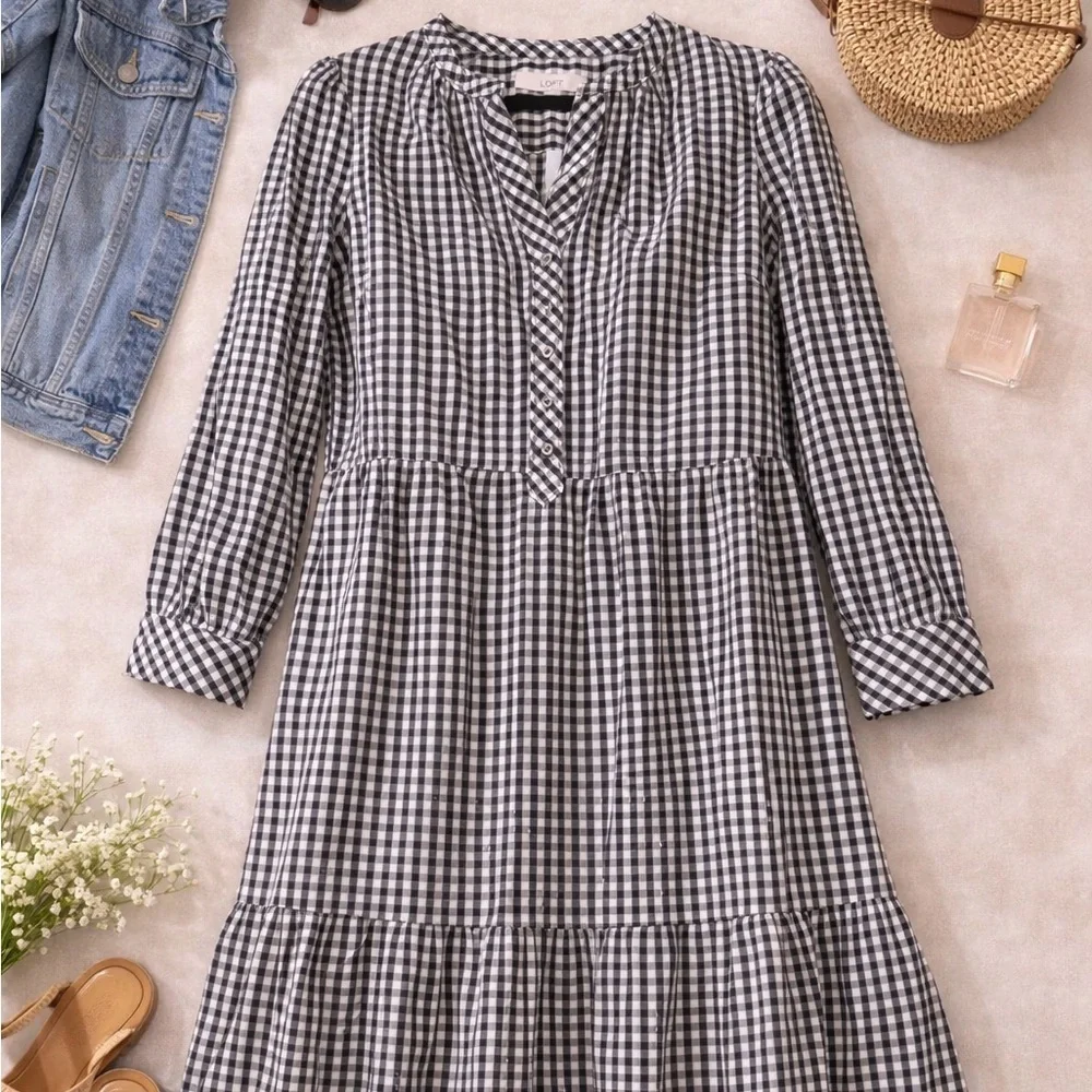 LOFT Black & Cream Gingham Tiered Mini Dress- size large - Picture 1 of 9